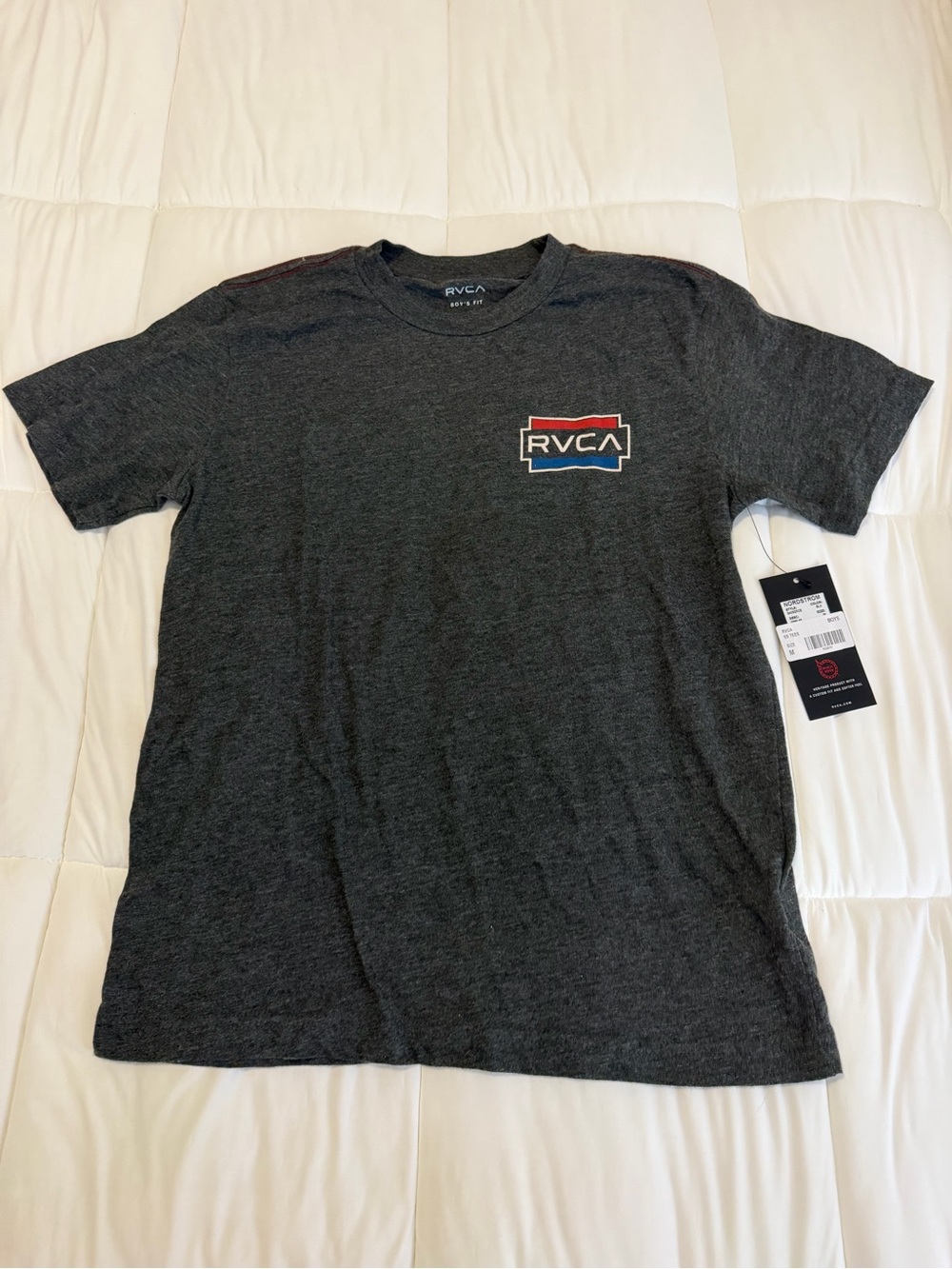 RVCA Charcoal Short Sleeve Tee with Red & Blue Logo
